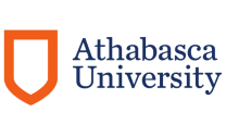 Athabasca University logo, orange shield and blue writing to the right