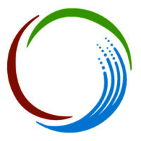 The Alberta Library Logo. A circle made of three coloured swooshes--red, green, and blue. The blue swoosh fans out like a wave.